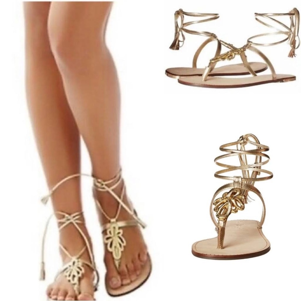 LILLY PULITZER Pier Gold Leather Gladiator Tassel Sandals Size 8.5